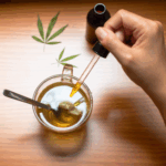 CBD dropper above a calming tea cup with hemp leaf, symbolizing women’s wellness and natural support.