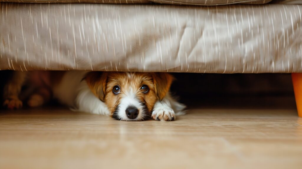 A nervous dog hiding at home during a thunderstorm.