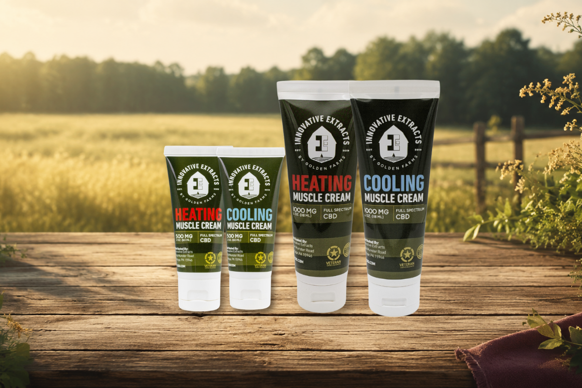 nnovative Extracts heating and cooling CBD muscle creams shown side by side.