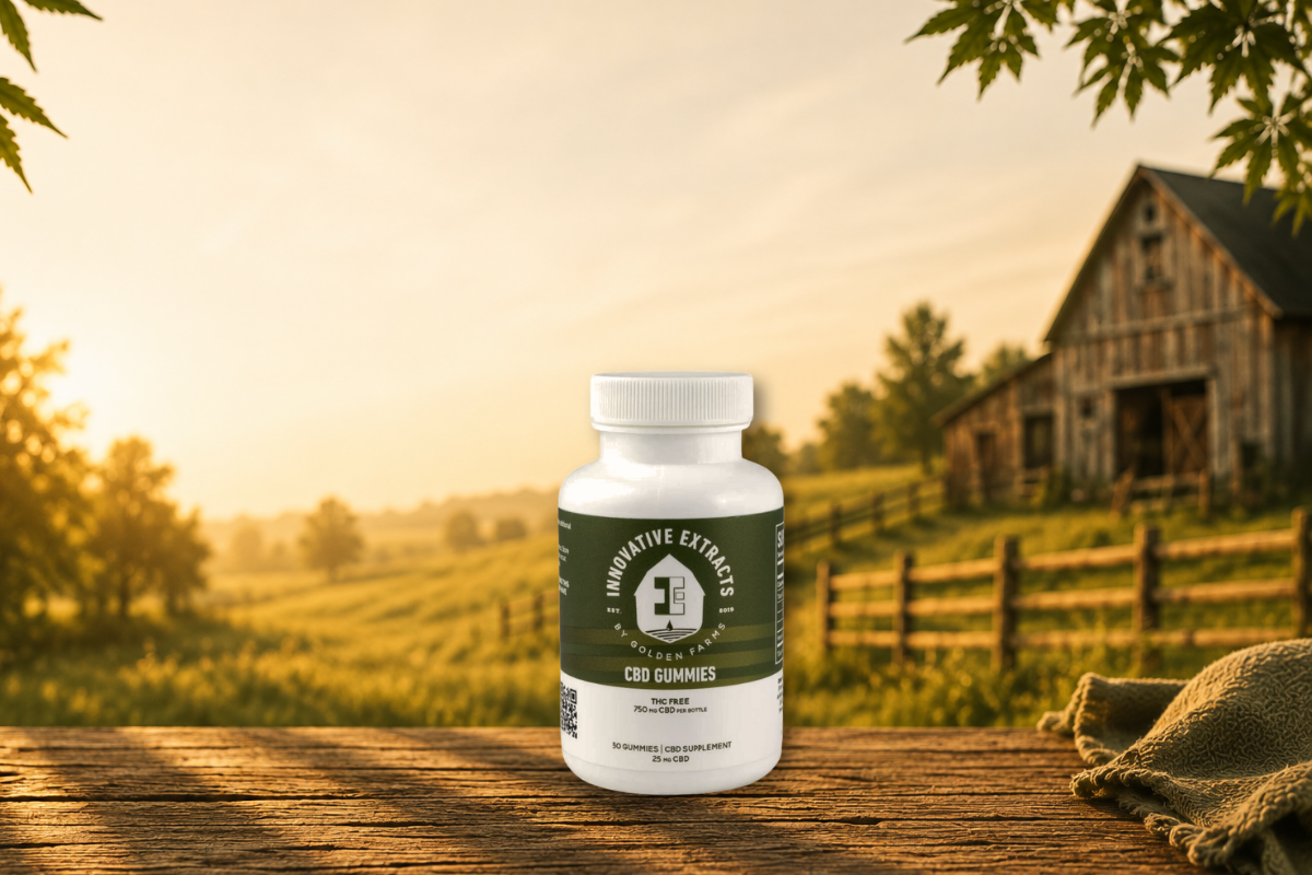 Innovative Extracts Relief X CBD and CBG capsules on a neutral surface.